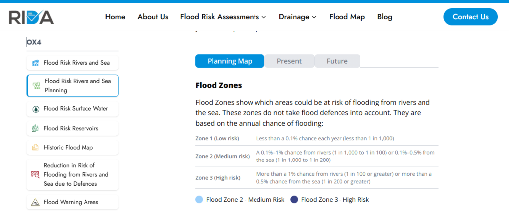 Screenshot of the RIDA Reports Flood Risk Planning Map interface showing EA Flood Zones for rivers and sea, with Zone 1 (low risk), Zone 2 (medium risk), and Zone 3 (high risk). The EA flood zone map highlights areas based on annual probability but does not account for flood defences or future change, illustrating its limitations. RIDA Reports’ enhanced mapping overcomes these limitations by integrating additional datasets, planning context, and clearer risk interpretation to support more accurate flood risk assessments