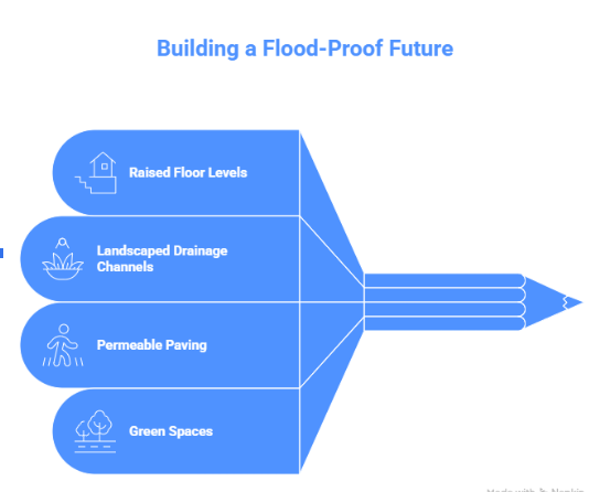 Diagram of flood-resilient housing design measures to manage flooding in Great Britain.