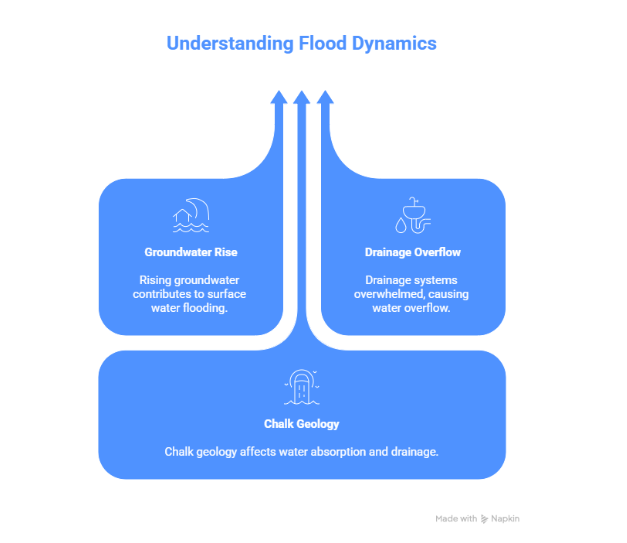 Flood dynamics diagram for strategic flood risk assessment showing groundwater rise and drainage overflow.