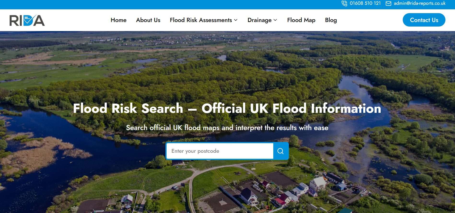 Screenshot of the RIDA Reports Flood Risk Search page using official UK flood information related to flooding in Great Britain.