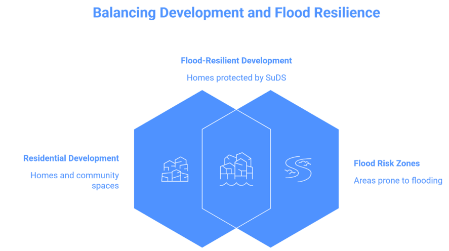 Sequential Test: Site map of 120-home development with Flood Zones 1–3 and sustainable drainage measures