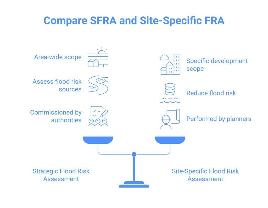 Diagram comparing Strategic Flood Risk Assessment (SFRA) and Site-Specific Flood Risk Assessment (FRA), showing area-wide planning scope versus individual development assessment.