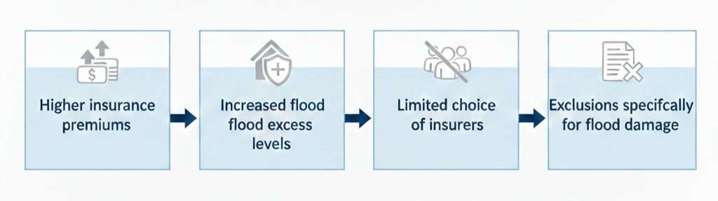 Flood risk impacts on insurance: higher premiums, higher deductibles, fewer insurers, and flood damage exclusions.