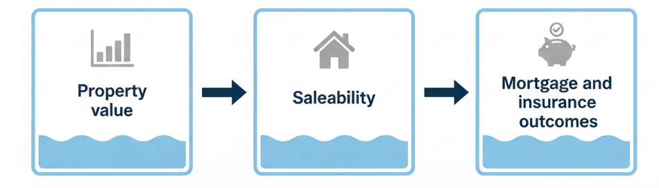 Impact of flooding on property value, saleability, and mortgage and insurance outcomes.