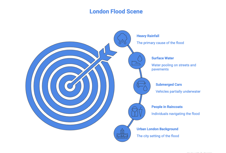 London street affected by surface water flooding, illustrating London UK flooding in an urban area.
