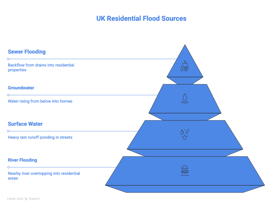 Diagram explaining flood risk in my area, showing how properties can be affected by rivers, surface water, groundwater, and sewer flooding.