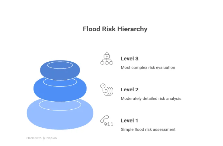 Flood risk assessment cost factors diagram showing size, location, data, rules, speed, and complexity