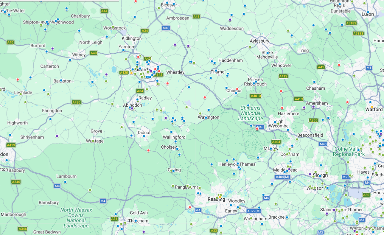 RIDA Flood Risk Assessment projects completed in South Oxfordshire showing site locations and coverage