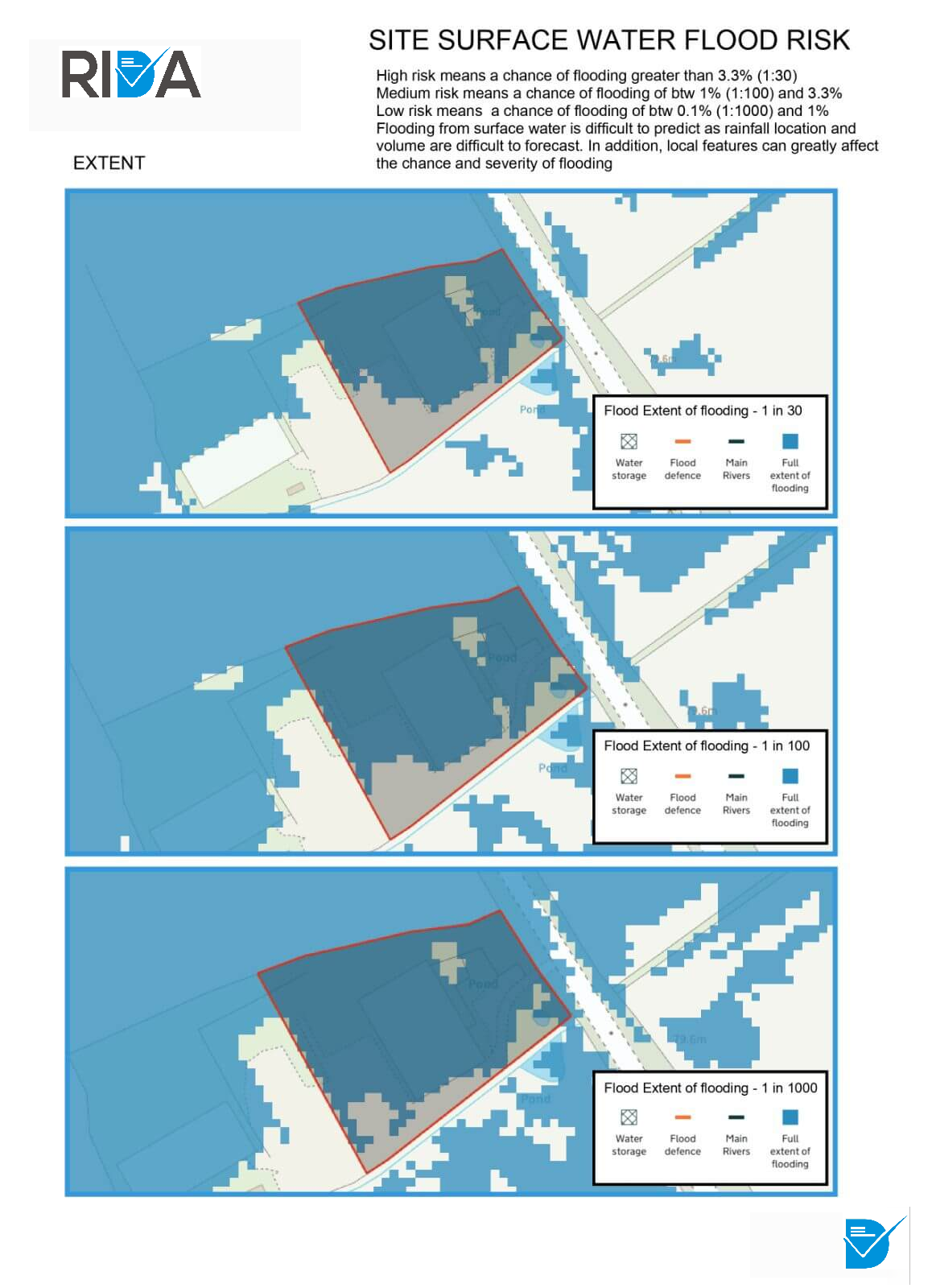 Surface water flood extent across three AEP scenarios on an example site