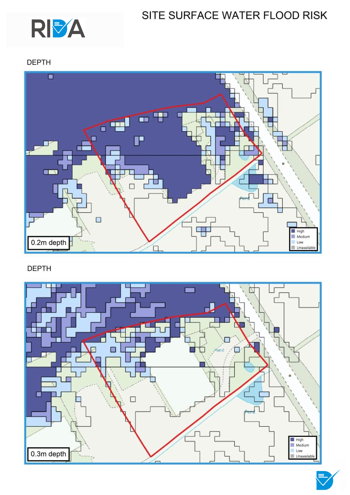 Surface water depth data across three return periods showing banded depth information