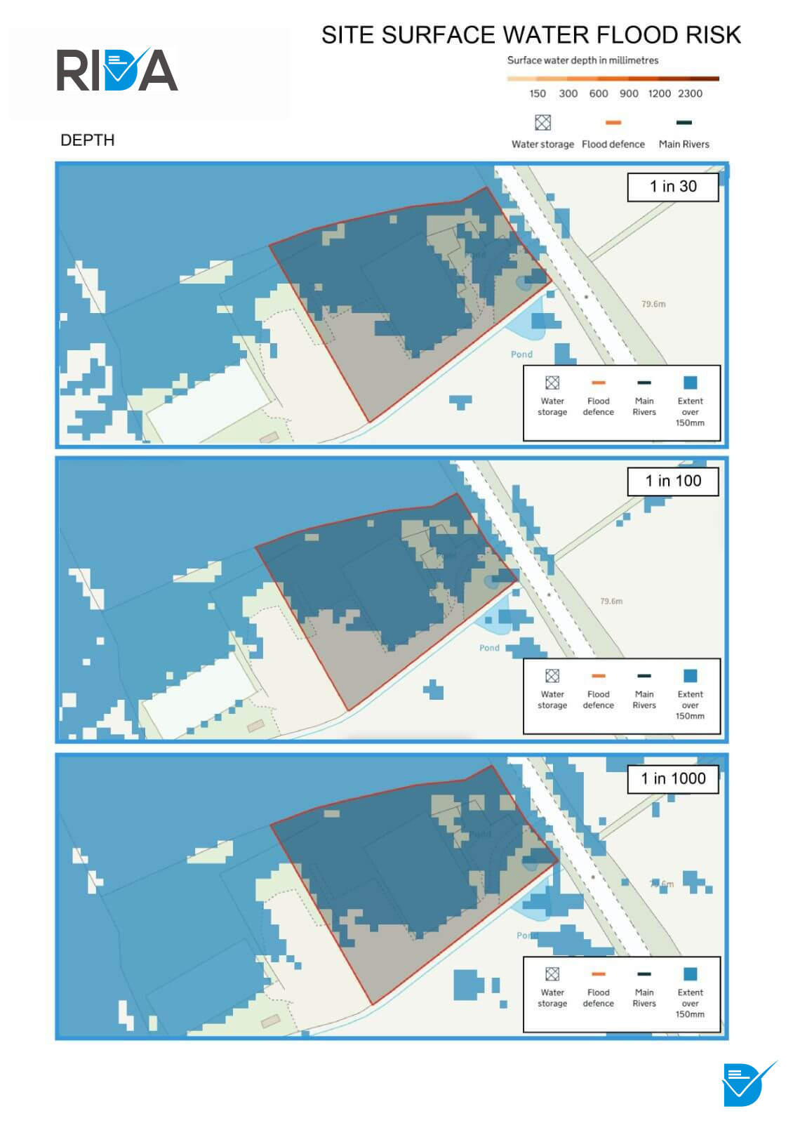 Example site assessment showing surface water flood risk extent and site location